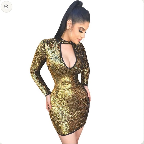 NWOT Gold Sequins Long Sleeve Chocker Body Con Evening Mini Dress - Picture 2 of 9